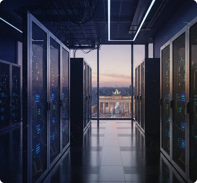 An image of a server room with a view of the Brandenburg Gate out of the window