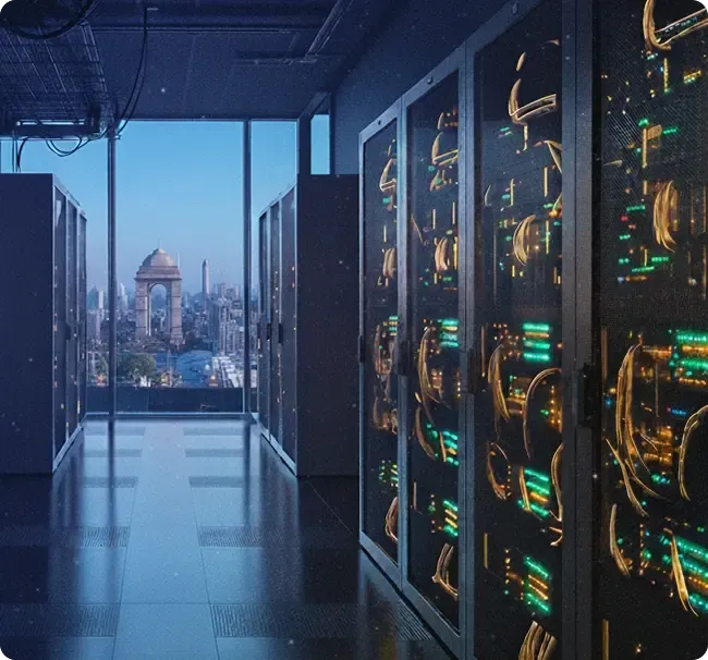 An image of a server room with a view of an Indian city of the window
