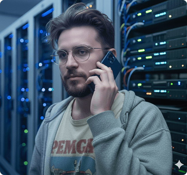 A man talking on his phone next to a data server
